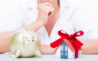 Woman piggy bank house model - a red ribbon free wallpaper
