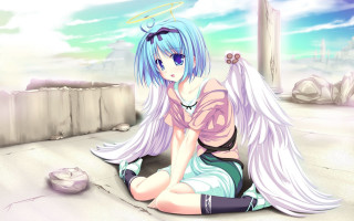 Blue hair angel girl cat - her lap and a cat free wallpaper