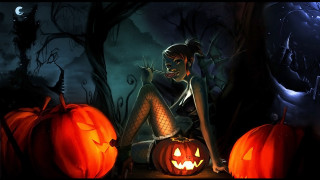 Forest night pumpkin lantern woman - a floor next free wallpaper