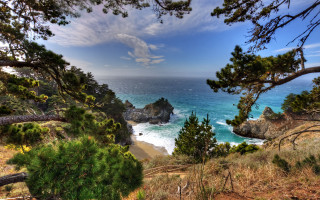 Scenic ocean hilltop trees blue - a hill top free wallpaper