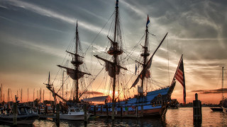 Large boat docked pier sunset - rembrandt free wallpaper