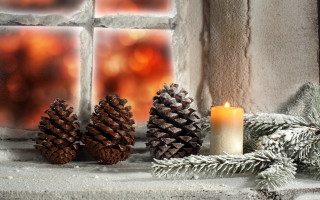 Candle pinecones mantle window brick - a window behind free wallpaper