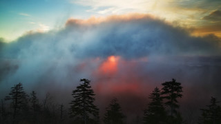 Sunset forest clouds mountains mist - mist free wallpaper