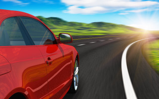 Red car road bright sun - a bright sun in the background free wallpaper