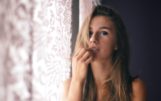 Woman window curtain portrait blonde - a curtain free wallpaper for desktop