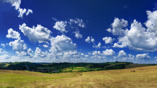 Hayfield bales blue sky mountains - ultra wide angle free wallpaper for desktop