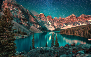 Lake mountains night sky forest - star above free wallpaper