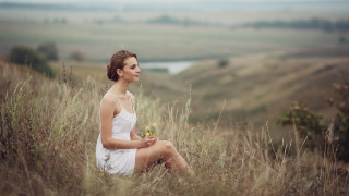 Woman white dress field grass - a flower free wallpaper for desktop
