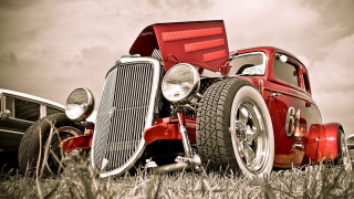 Red car tall grass truck - free retro wallpaper