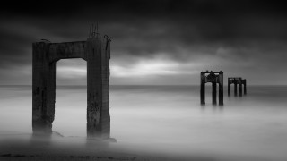 Pier ocean pillar cloudy sky - brutalism free wallpaper