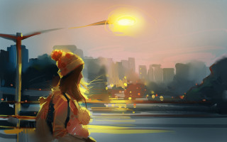 Woman bridge city sunset horizon - plein air free wallpaper