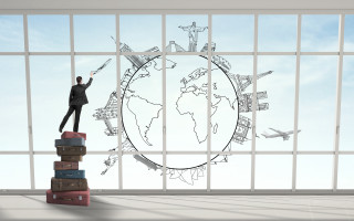 Man luggage window plane illustration - typographic free wallpaper for desktop