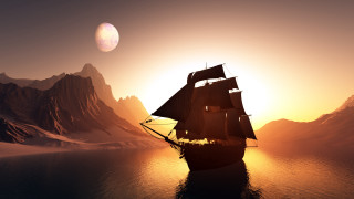 Ship ocean sunset mountains matte - matte fantasy painting free wallpaper for desktop