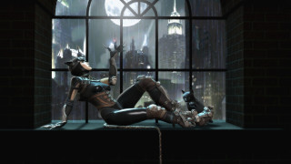 Woman cat suit window sill - dark night free wallpaper
