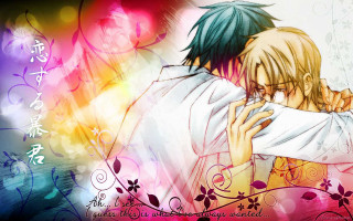 Anime couple hugging colorful background 2 - a caption free wallpaper for desktop