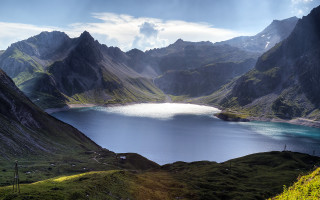 Lake mountains green field fence - in the foreground free wallpaper for desktop