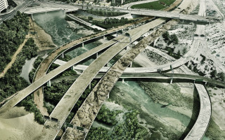 City highway bridge trees river - tall building and trees free wallpaper