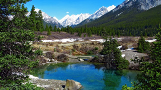 Blue lake mountains bridge nature - a blue lake free wallpaper