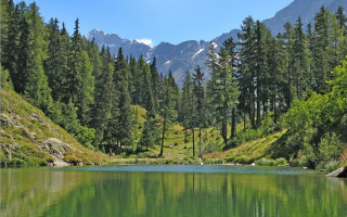 Lake mountains trees sky rocks - a clear sky above free wallpaper