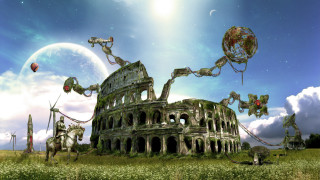 Ruined building sky balloon people - a few person free wallpaper