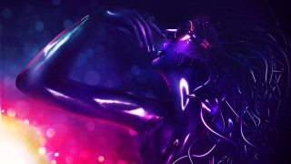 Woman purple bodysuit hands hips - cyberpunk art free wallpaper