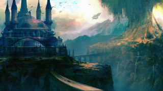 Fantasy castle bridge dragon sky - cedric peyravernay free wallpaper