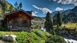 Mountain cabin stream forest sky - a small cabin free wallpaper