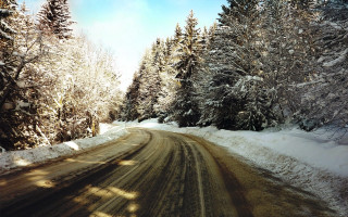 Snow covered road forest mountain - road free wallpaper
