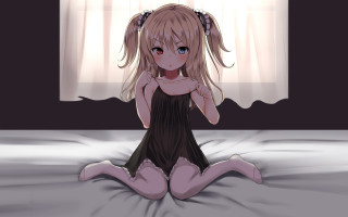 Girl sitting bed hands hips - darkness free wallpaper