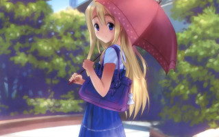 Girl red umbrella blue dress - a red umbrella free wallpaper