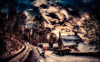 Snowy forest house train track - a train track free wallpaper