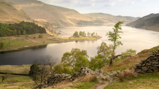 Lake mountains trees cloudy path - free landscape wallpaper for desktop
