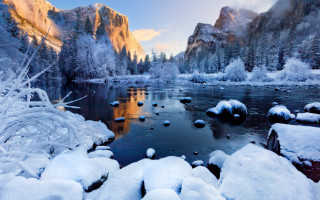 River snow mountains trees sky - a sky line in the background free wallpaper
