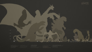 Godzilla silhouettes dark background white - epic scale free wallpaper for desktop