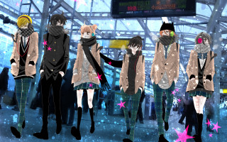 Group people building stars sign - anime style free wallpaper