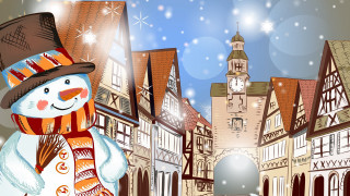 Snowman hat scarf building clock - a clock tower in the background free wallpaper