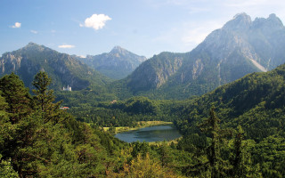 Lake mountains trees house panorama - the other side free wallpaper for desktop