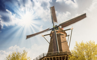 Windmill sunburst trees blue sky - the younger free wallpaper