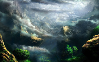 Mountain river clouds birds fantasy - cloud and birds free wallpaper
