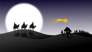 Wise men camels desert night - a house in the distance free wallpaper