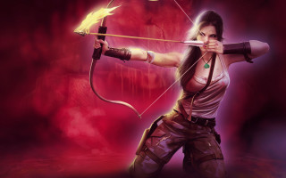 Woman bow arrow red background - a red light behind her free wallpaper