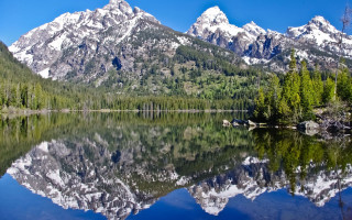 Mountain lake reflection forest rocks - ansel adams free wallpaper