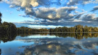 Lake trees clouds blue sky 3 - white cloud above free wallpaper