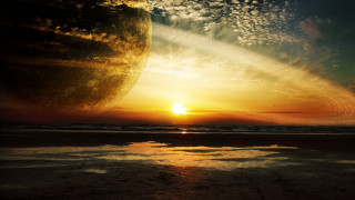 Sunset planet moon plane ocean - planet free wallpaper for desktop