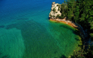 Water rock shoreline trees bush - the middle of it free wallpaper