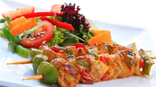 Plate salad chicken skewers dressing - a plate of food free wallpaper for desktop