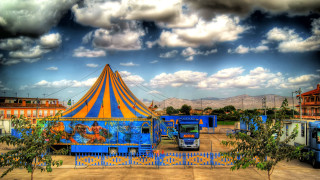 Carnival tent stripes blue yellow - surrealistic free wallpaper