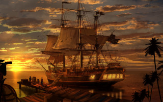 Ship sunset ocean photographer matte - a painting of a ship in the ocean free wallpaper