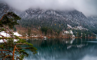 Snowy mountain lake boat trees - a boat free wallpaper for desktop
