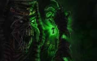 Demonic figures green lights cross - in the middle of the image free wallpaper